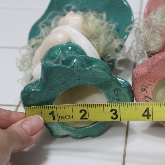 Vintage 1997 set 2-pc ceramic girls blondes pink & green in hats tall 7" - Picture 11 of 12